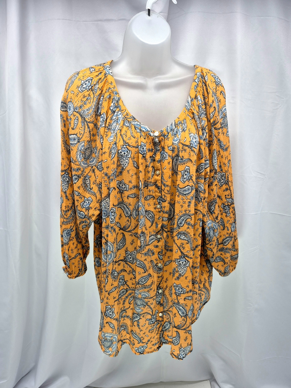 Chaps Orange Paisley Crinkle Gauze Peasant Blouse Top 3X